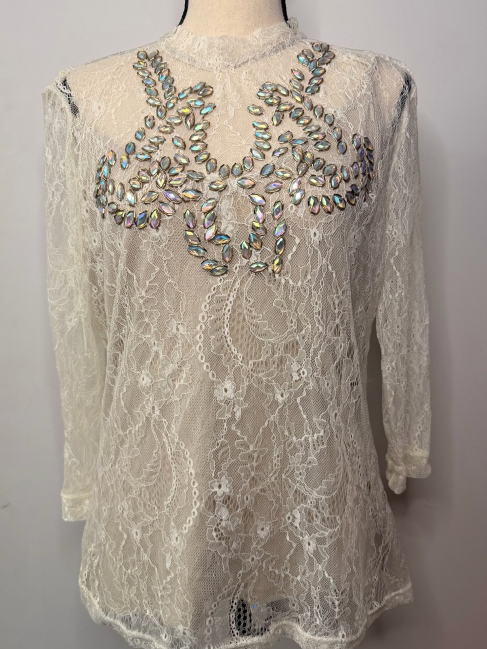 Women's Ivory Lace Long-Sleeve Top with Iridescent Embellishment and lace pants